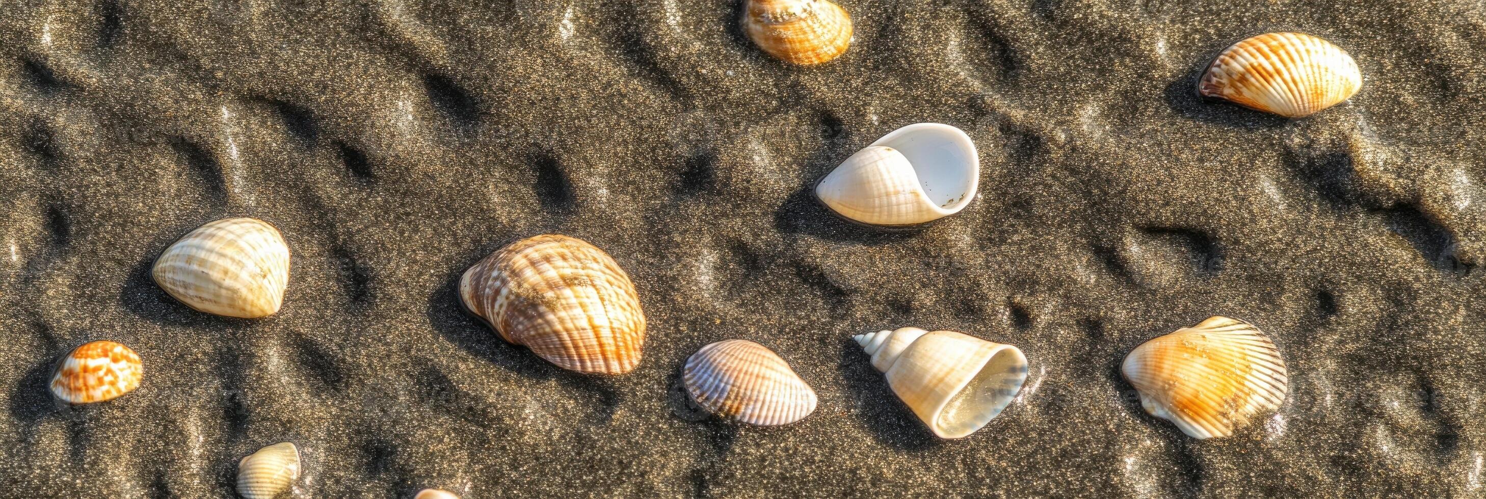 Assorted seashells on sandy beach captured in natural daylight patterns photo