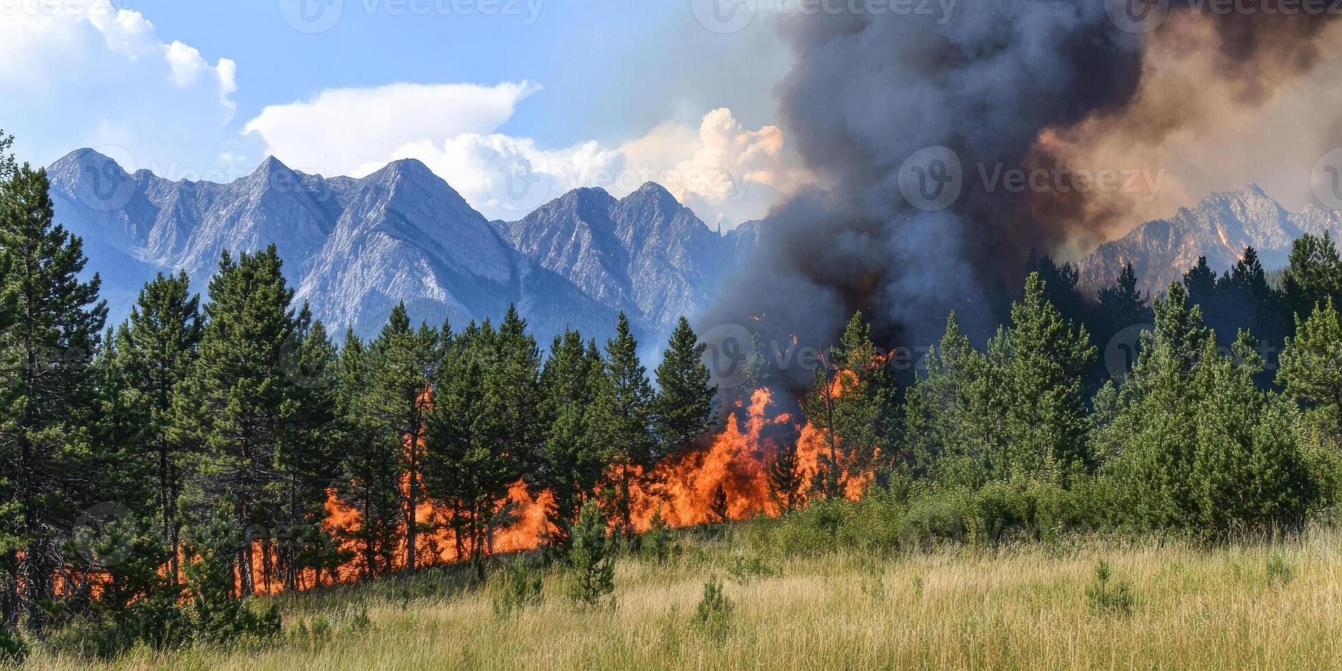 Intense forest fire with thick smoke in the mountain wilderness setting photo