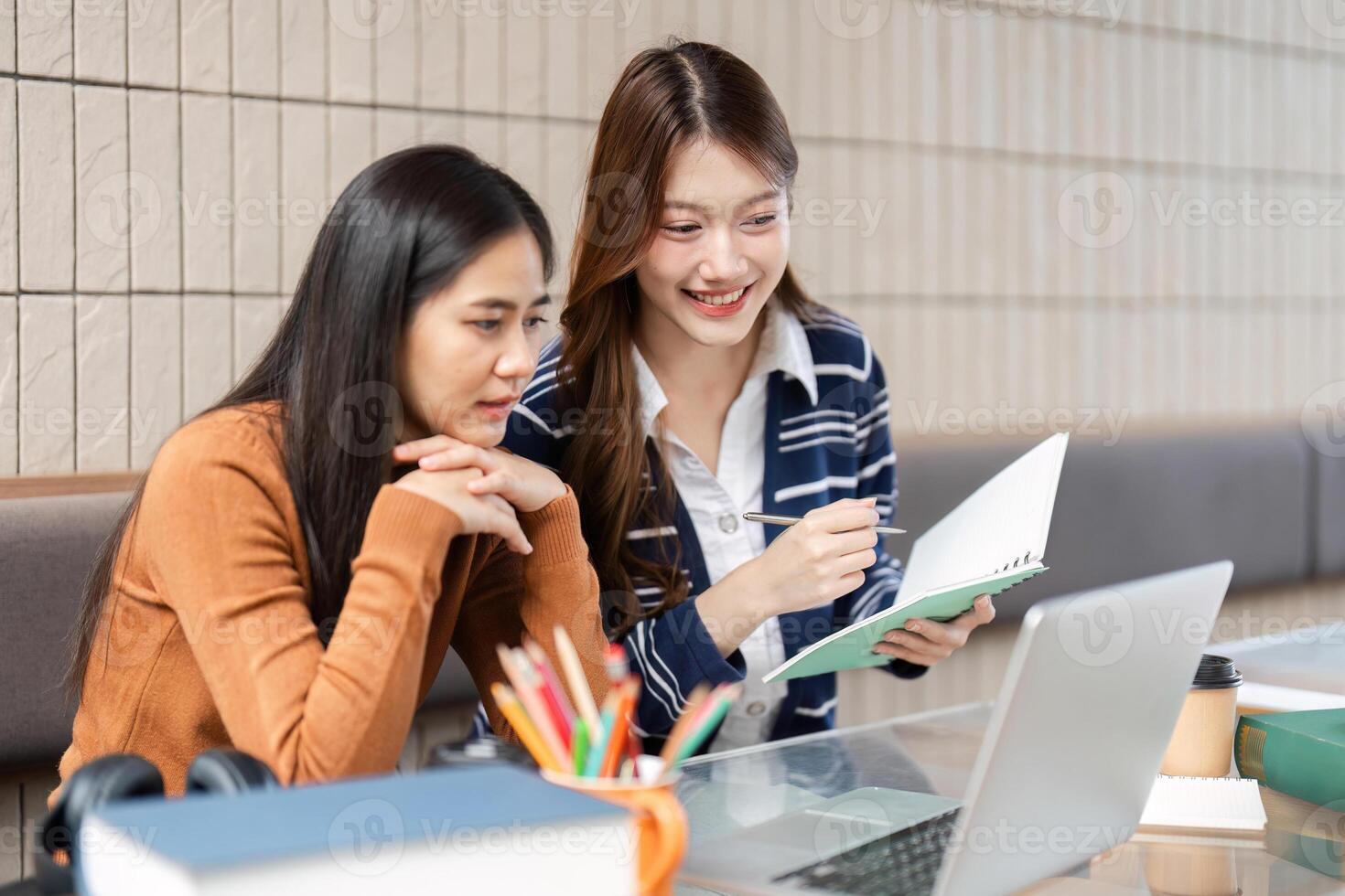 Academic Engagement and Support. Two young women discussing study materials while reviewing notes on a laptop. photo