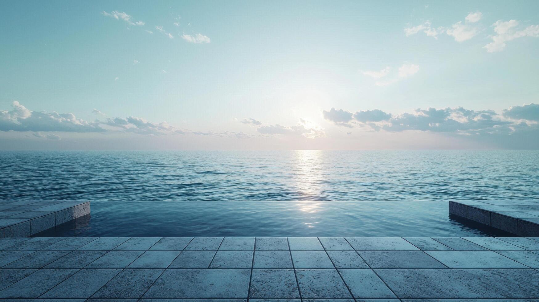 Wooden dock extending over calm ocean waters with clear blue sky and distant horizon photo