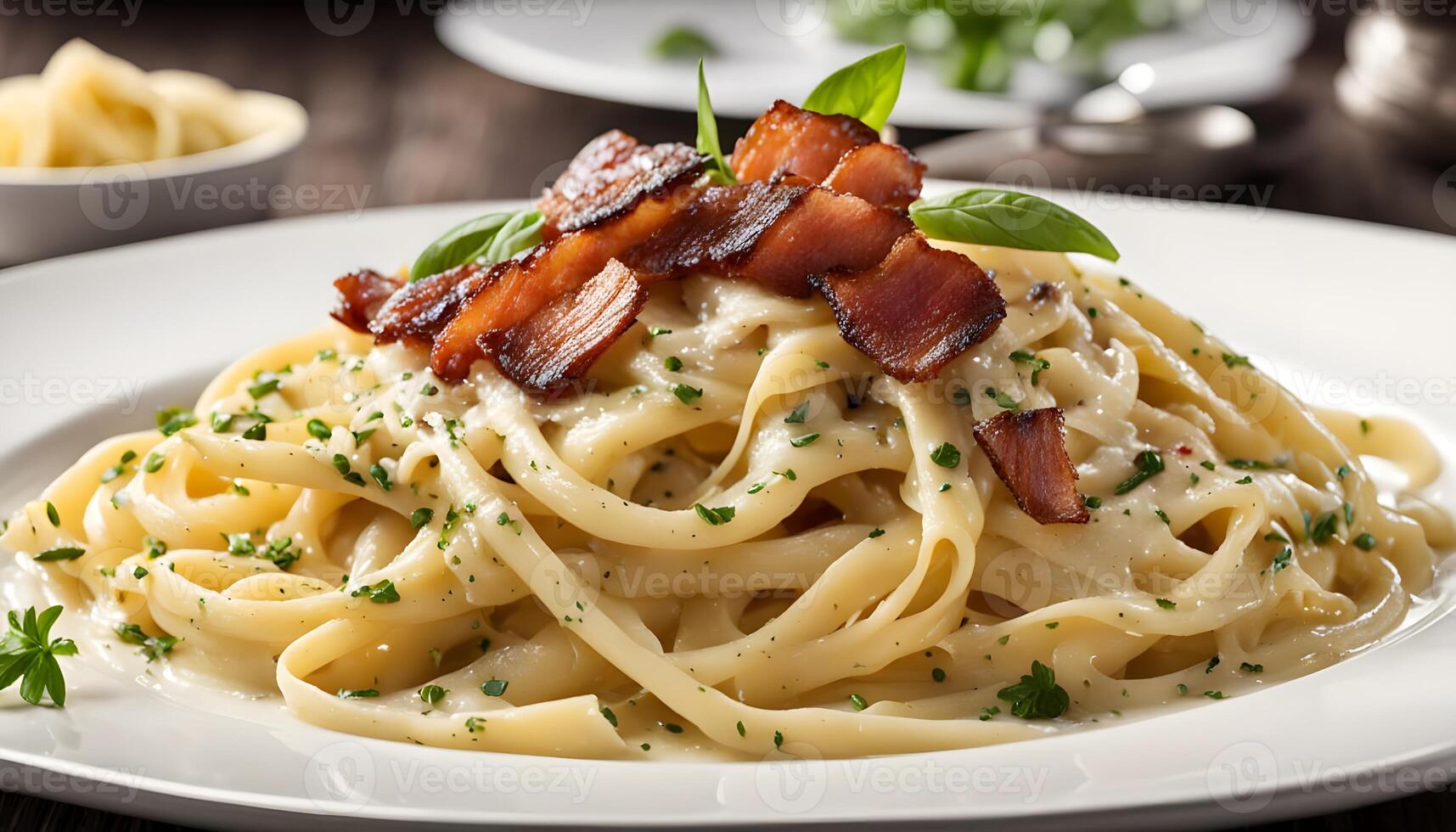 Creamy, cheesy fettuccine carbonara with bacon crisps, styled on a pristine white plate photo