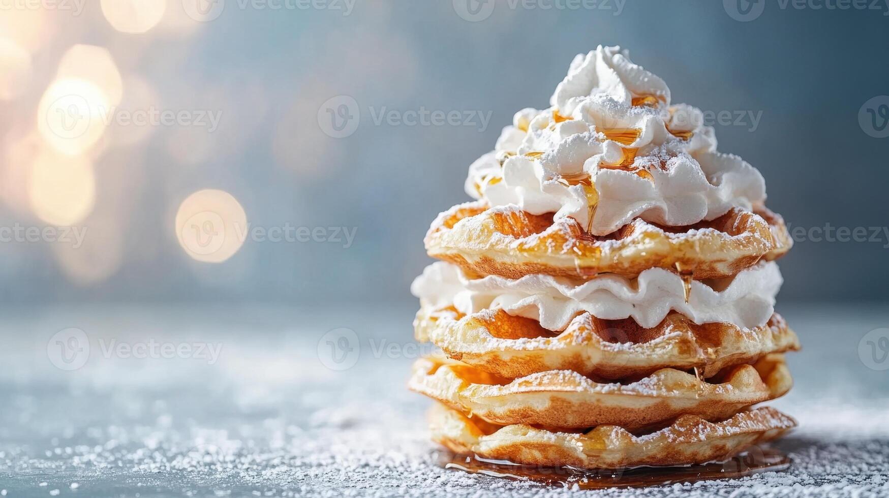 Stack of donuts topped with whipped cream and drizzled with orange sauce on a white plate photo