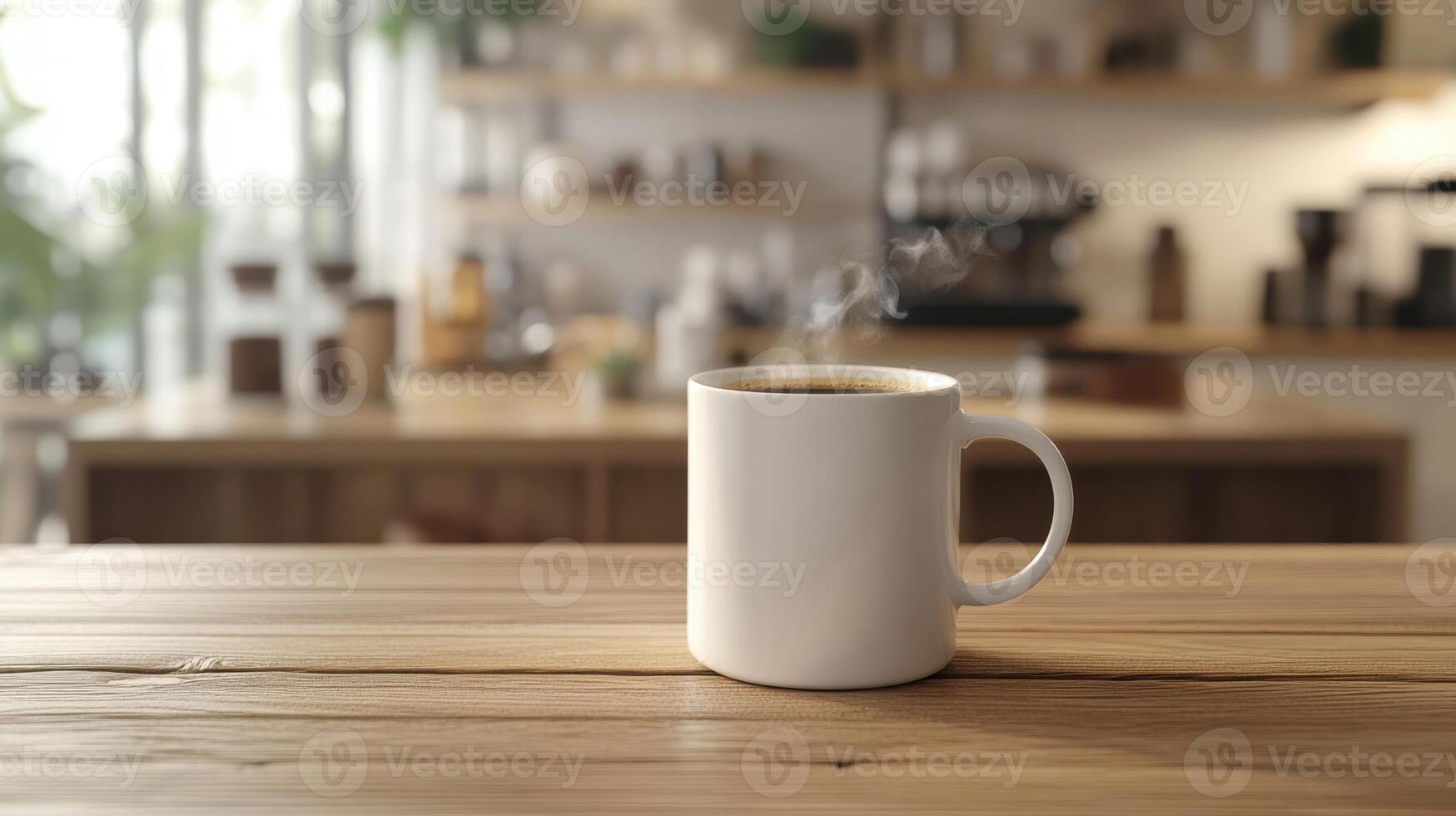 Cup of coffee placed on a rustic wooden table with natural light streaming in from the side photo