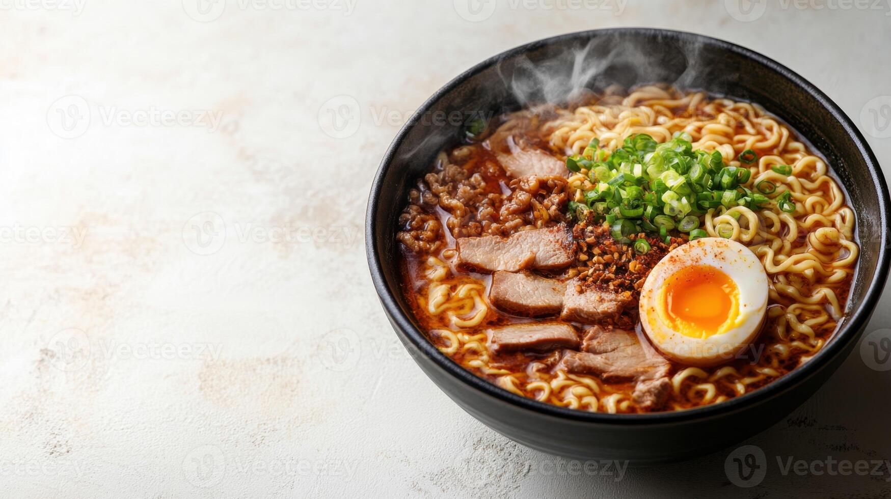 Bowl filled with ramen noodles topped with green onions and soft boiled egg photo