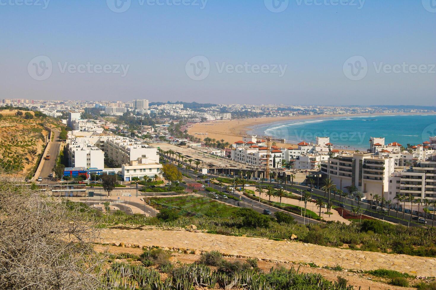 Panoramic view of agadir beach and coastline, captured from agadir fortress photo