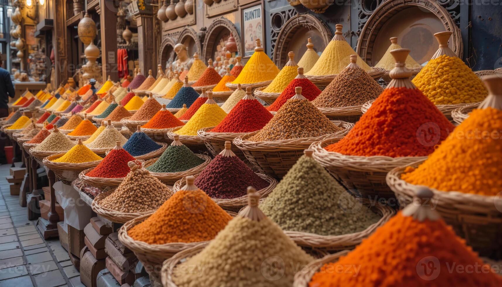 Vibrant Display of Spices in Conical Shapes at Marrakech Souk with No People photo