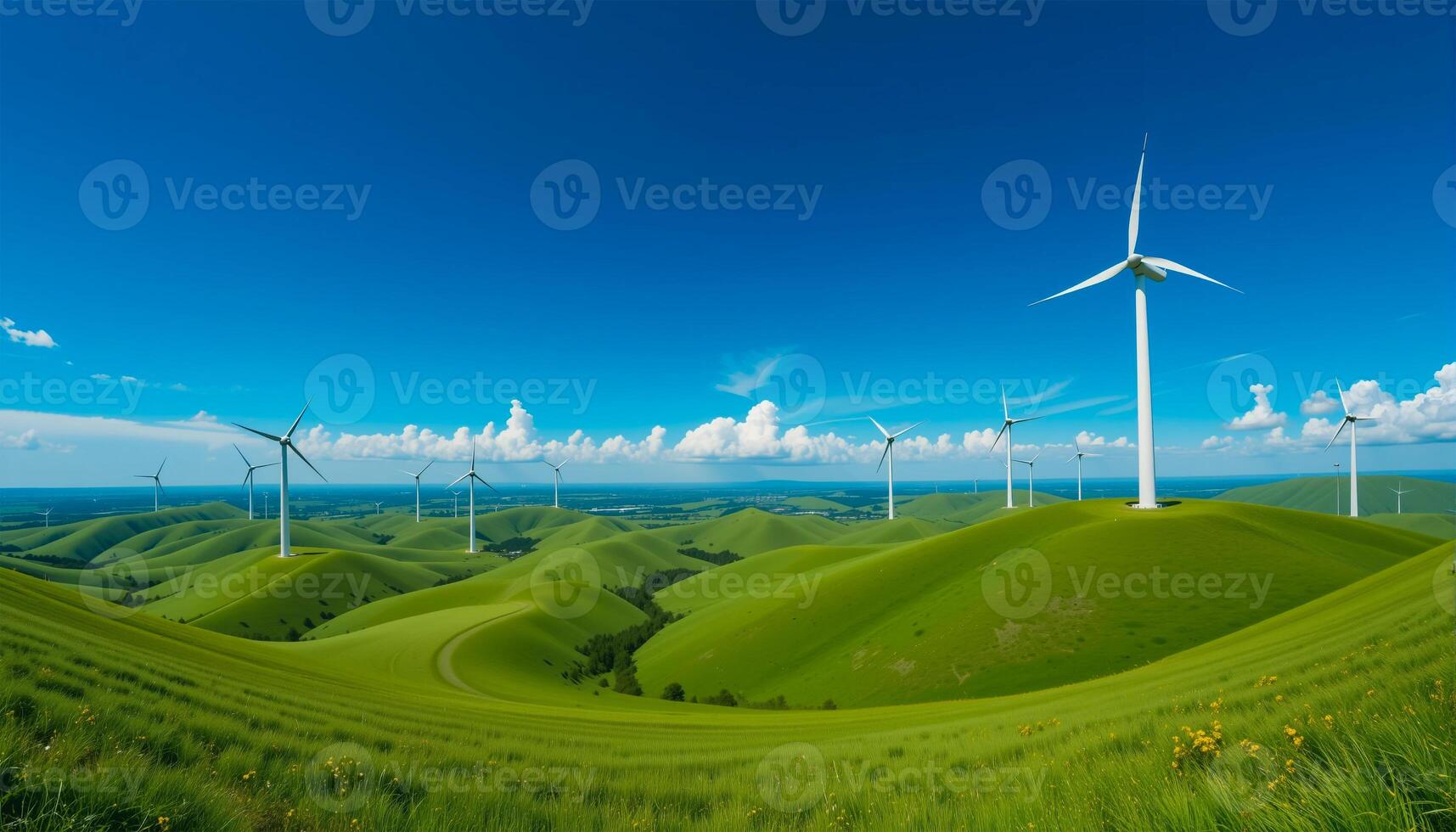 Panoramic View of Wind Turbines on Rolling Green Hills Under Deep Blue Sky photo