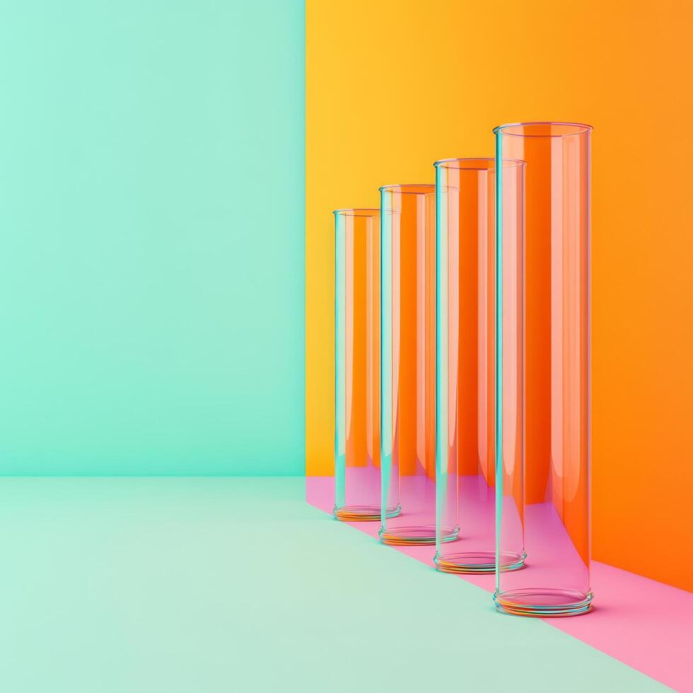 Row of Empty Glass Cylinders Standing Against Vibrant Color Block Wall photo