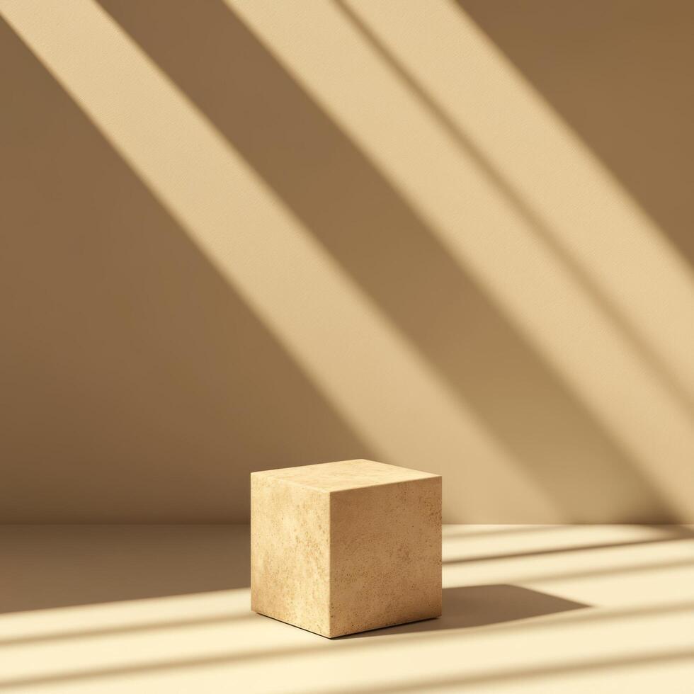 Simple Wooden Cube Resting on Beige Surface with Dramatic Windowpane Shadows photo