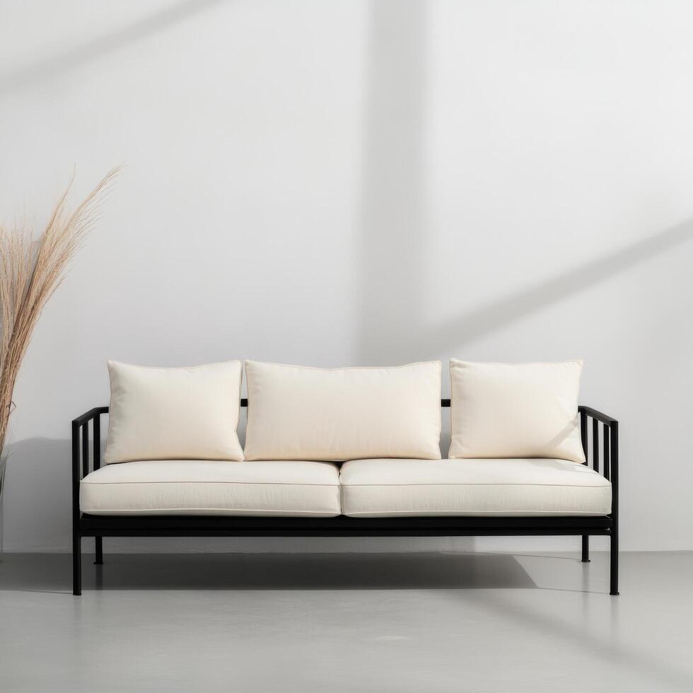 Modern White Sofa with Pillows Against a Concrete Wall Interior photo