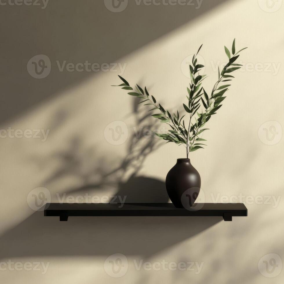 Dark Vase with Green Plant Spring on Floating Shelf Casting Shadow photo