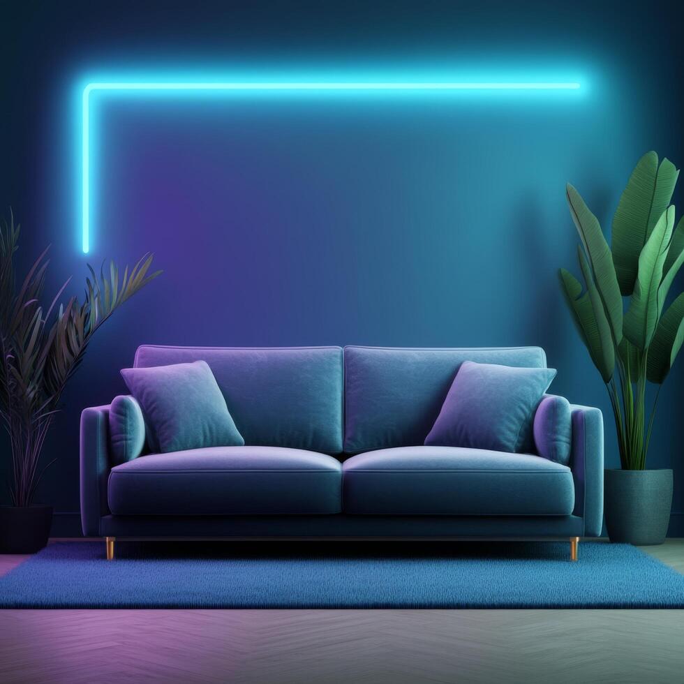 Modern Living Room with Grey Sofa and Plant under Blue Neon Frame Light photo