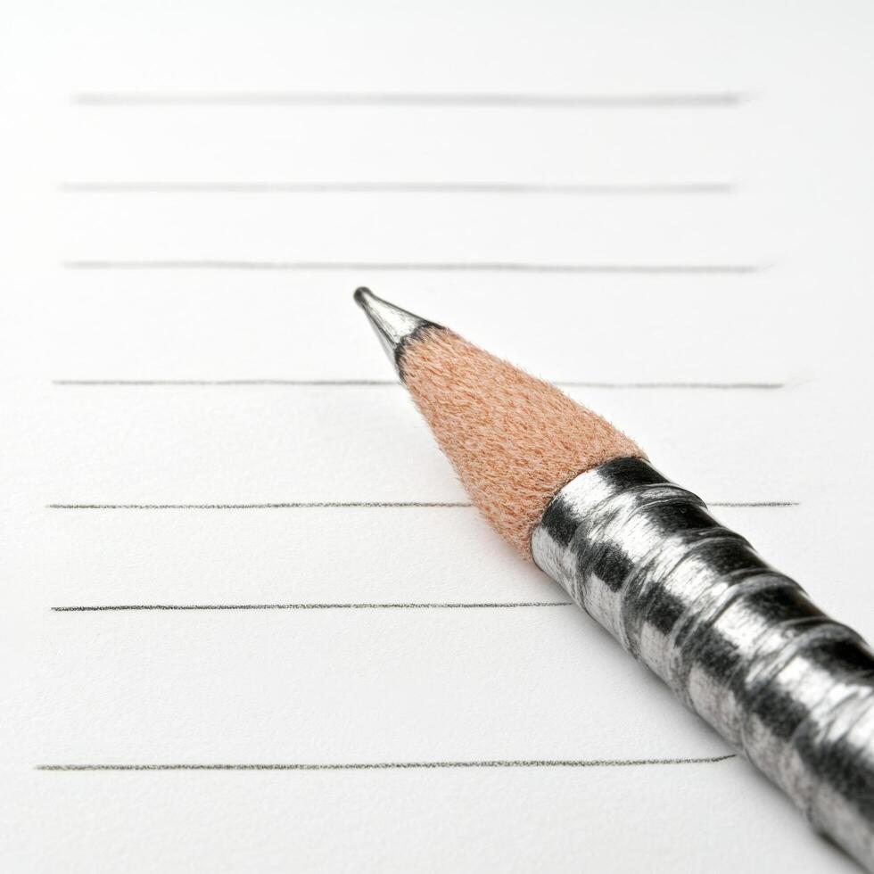 Macro View of Sharpened Pencil Tip Resting on Lined Notebook Paper photo