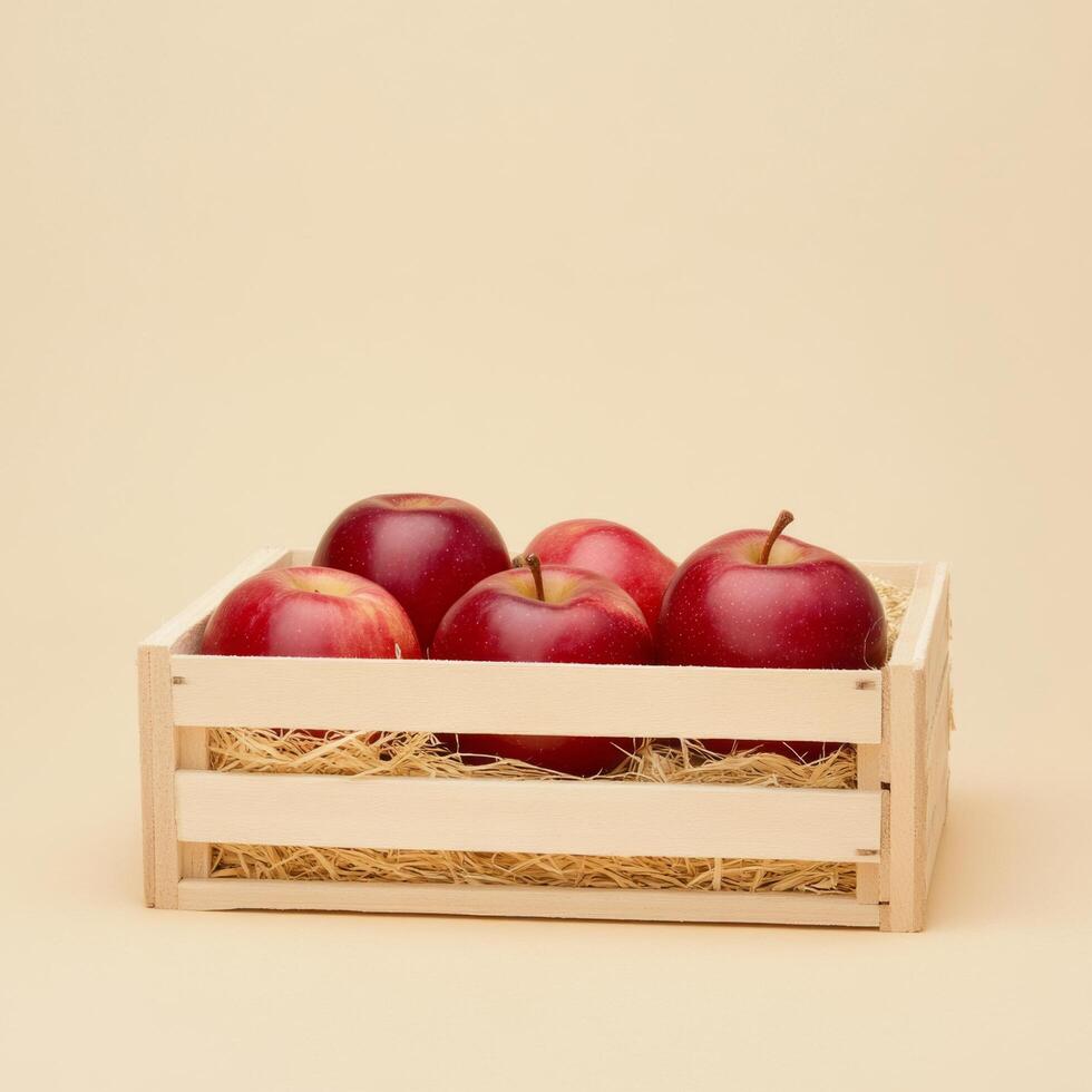 Fresh red apples nestled on straw within a rustic wooden crate background photo