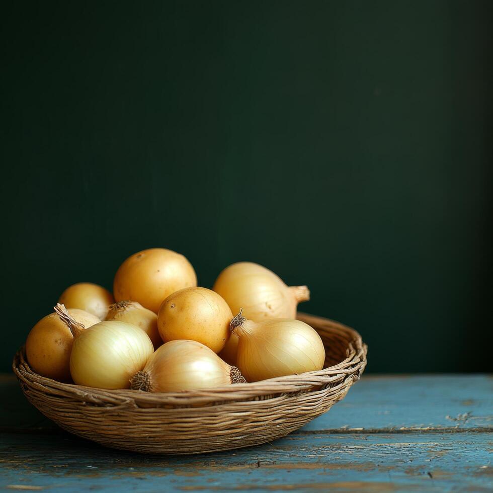 Woven Basket Overflowing with Golden Onions on Rustic Blue Wood Table photo