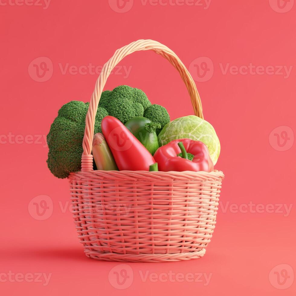 Wicker basket overflowing with fresh colorful vegetables on a plain red surface photo