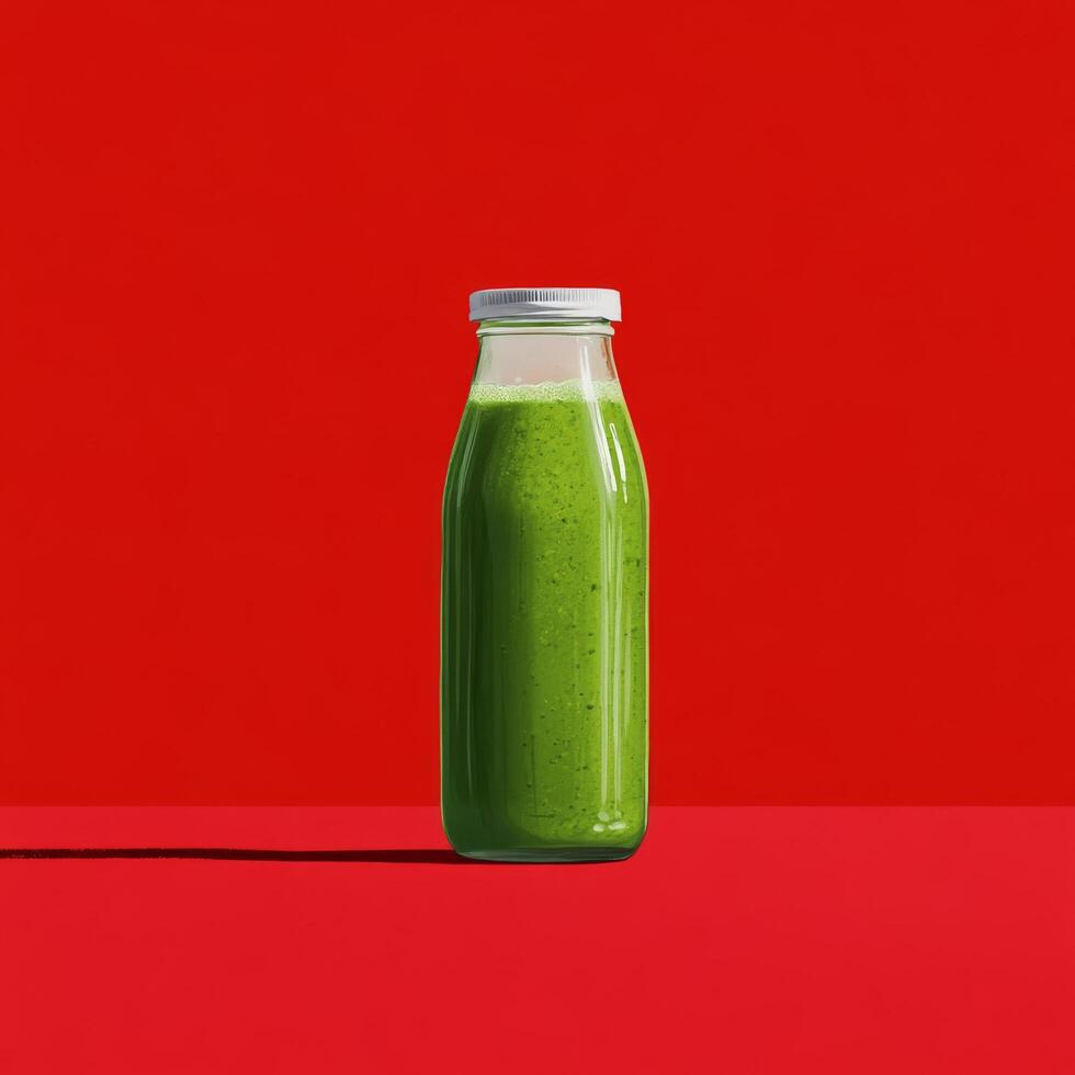 Single Green Smoothie Bottle Standing Against a Vibrant Red Background photo