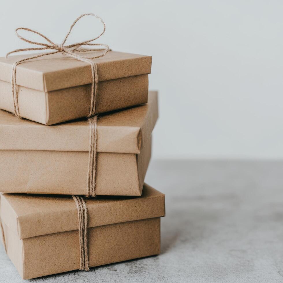 Stack of Brown Paper Packages Tied with Simple String Bows Neatly photo