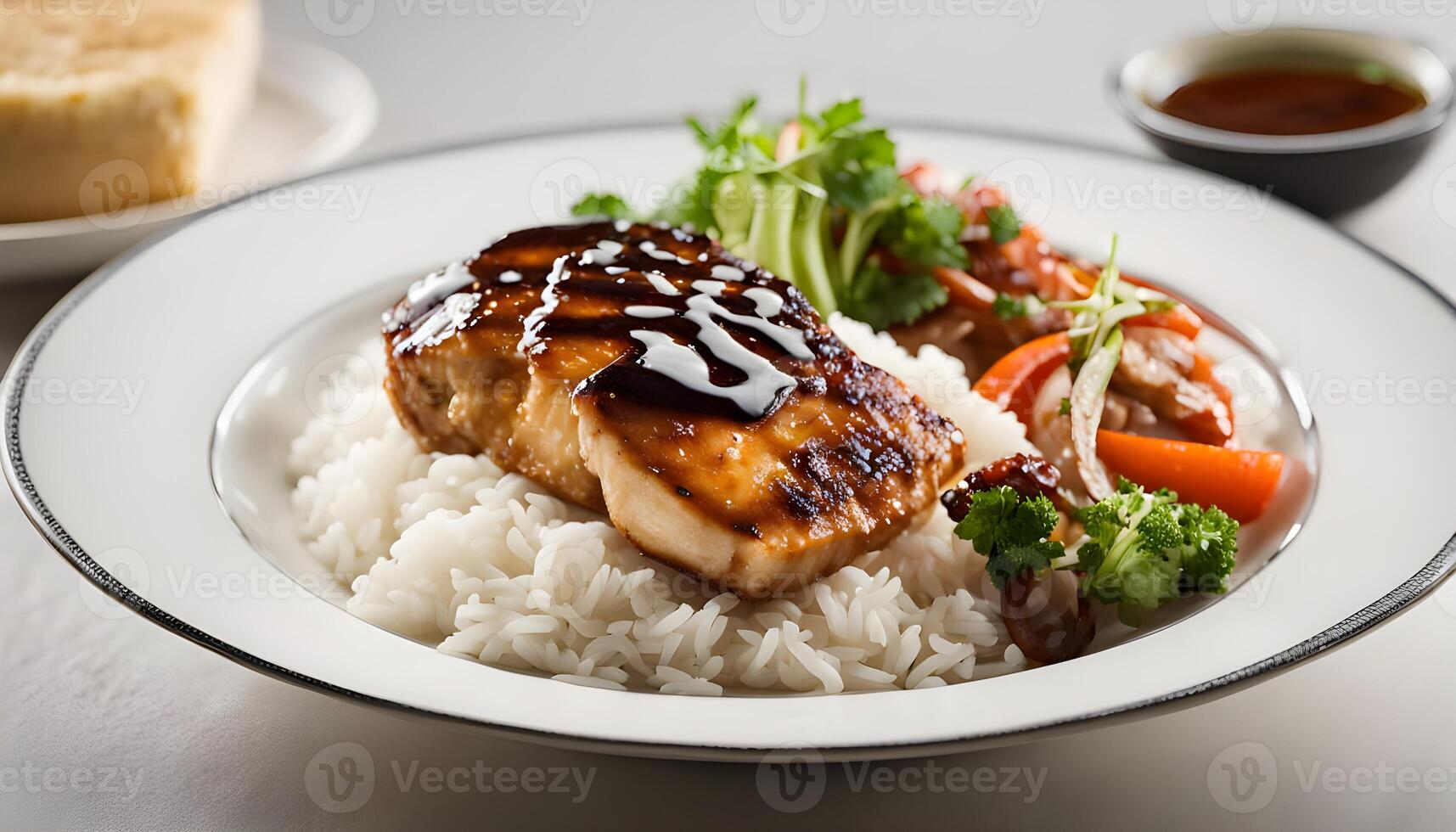 Sliced teriyaki chicken breast placed neatly on jasmine rice, with a glossy finish, served on a modern dinner plate photo