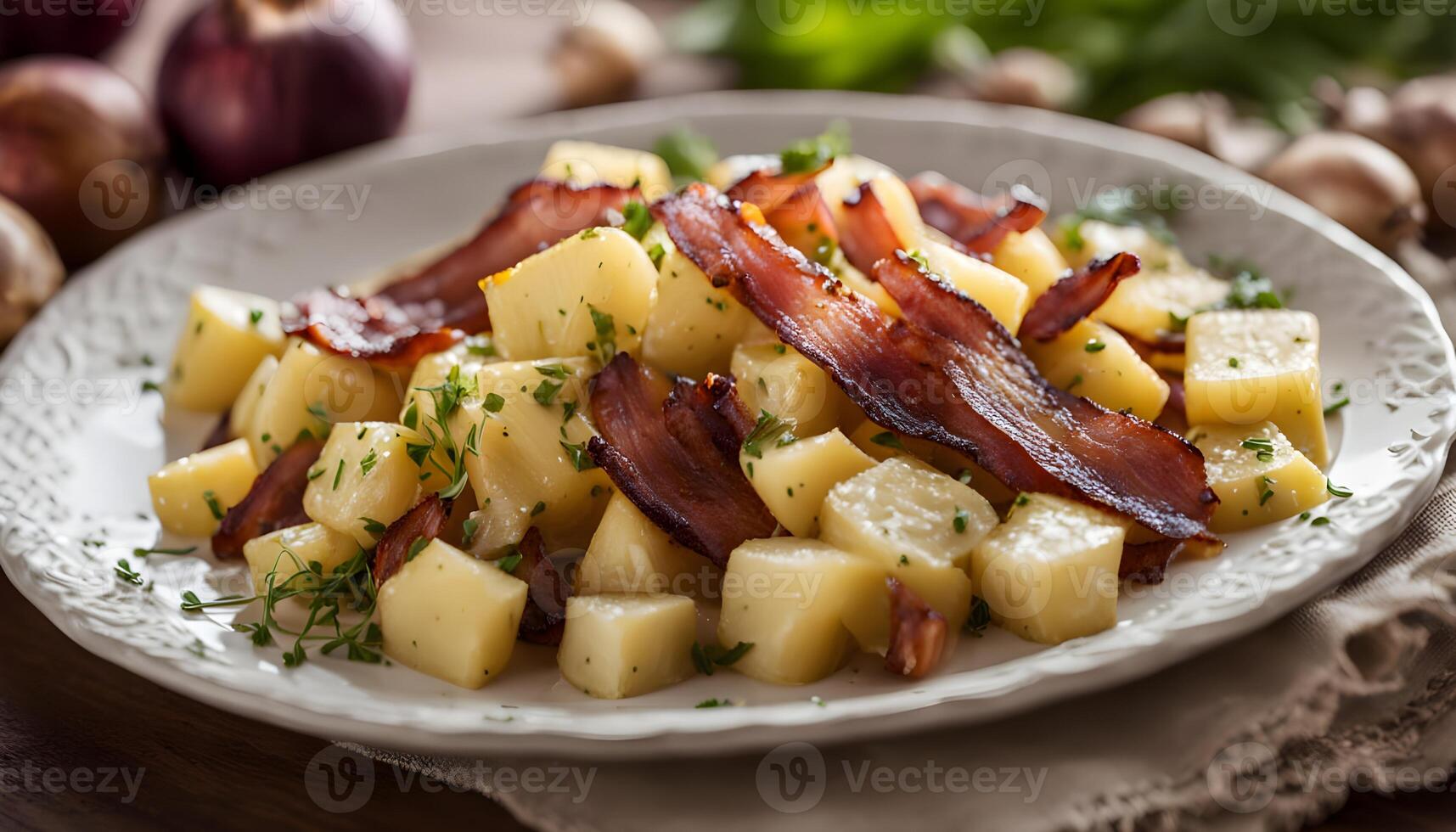 Savory potato salad with crispy bacon bits, sliced onions, and mustard vinegar dressing, served on plate photo