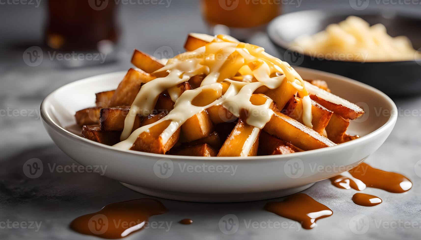 Overhead shot of a hearty Canadian poutine dish, with glistening fries, glossy gravy, and white cheese curds on a rustic wood table photo