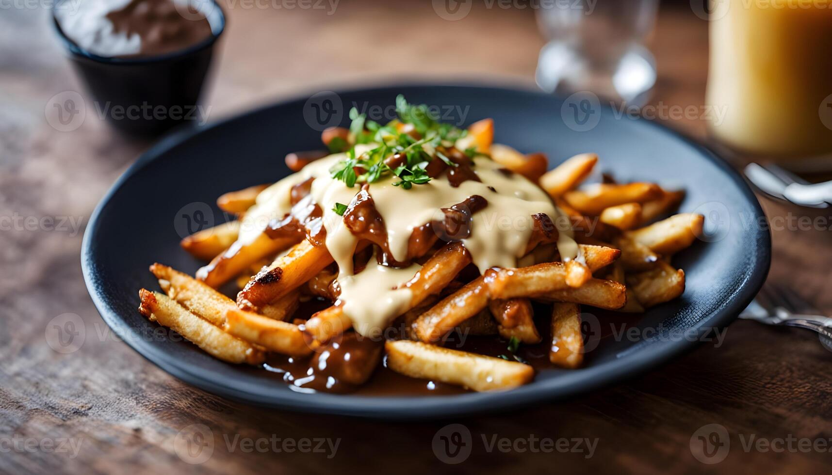 Delicious traditional poutine featuring hand-cut fries smothered in savory gravy and gooey cheese curds, styled on a wooden table photo