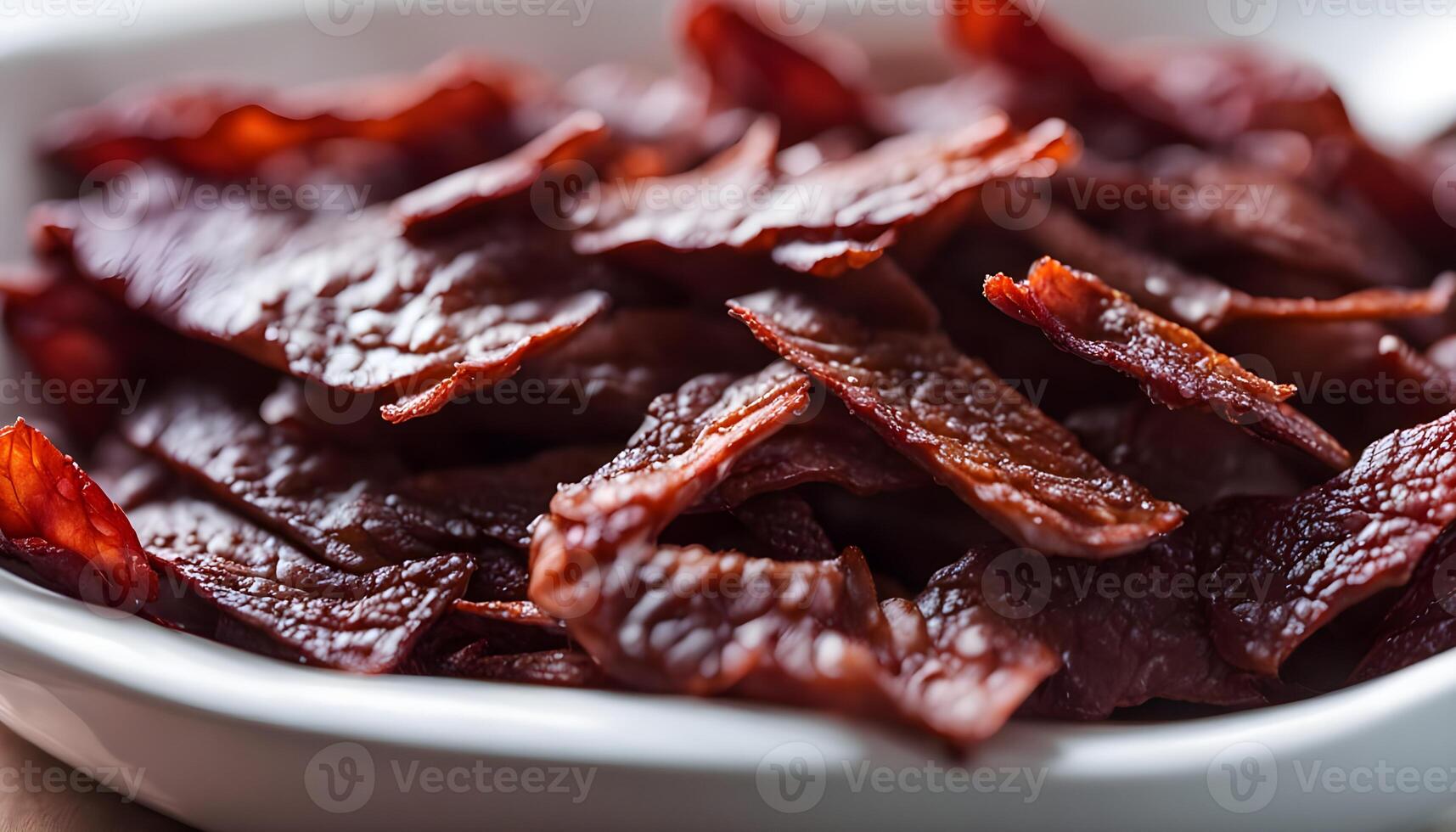 Flavorful beef jerky strips arranged neatly in a classic white bowl, top-down shot. photo