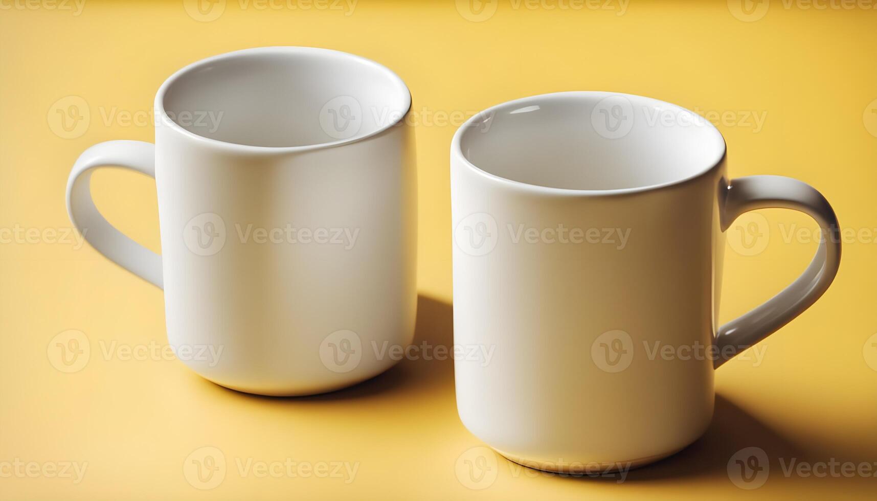Two blank white mugs on yellow background. Mockup for design photo