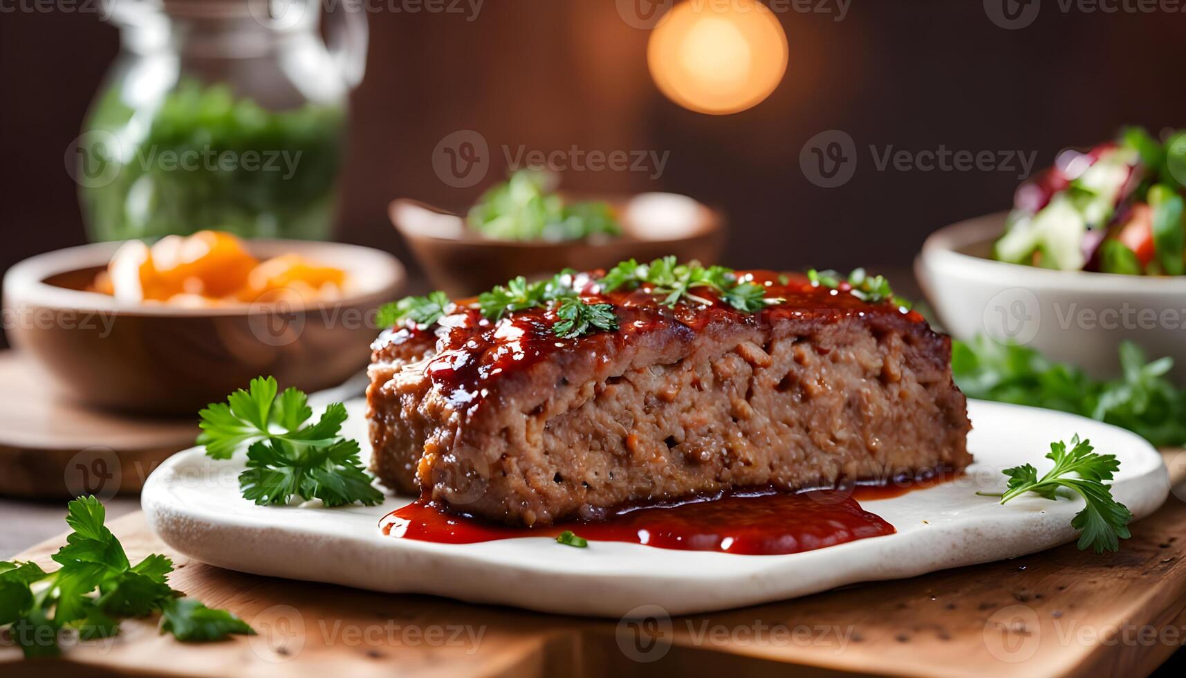 Classic homemade meatloaf drizzled with ketchup and sprinkled with vibrant parsley photo