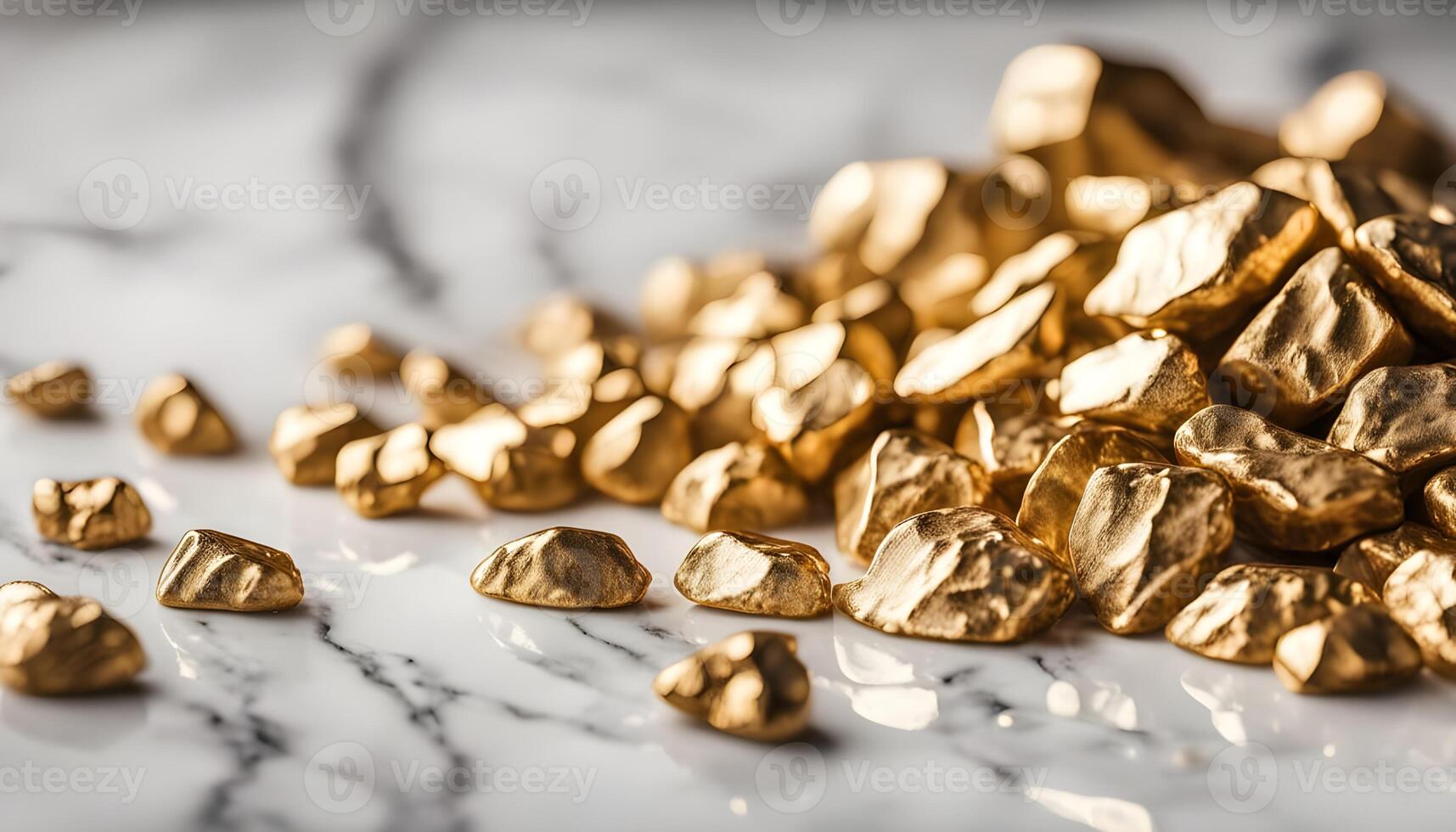 Pile of shiny gold nuggets on white marble table, flat lay. Space for text photo