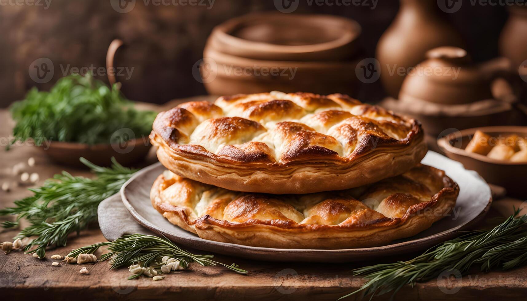 Traditional baked burek with flaky layers, styled in a rustic wooden setting photo