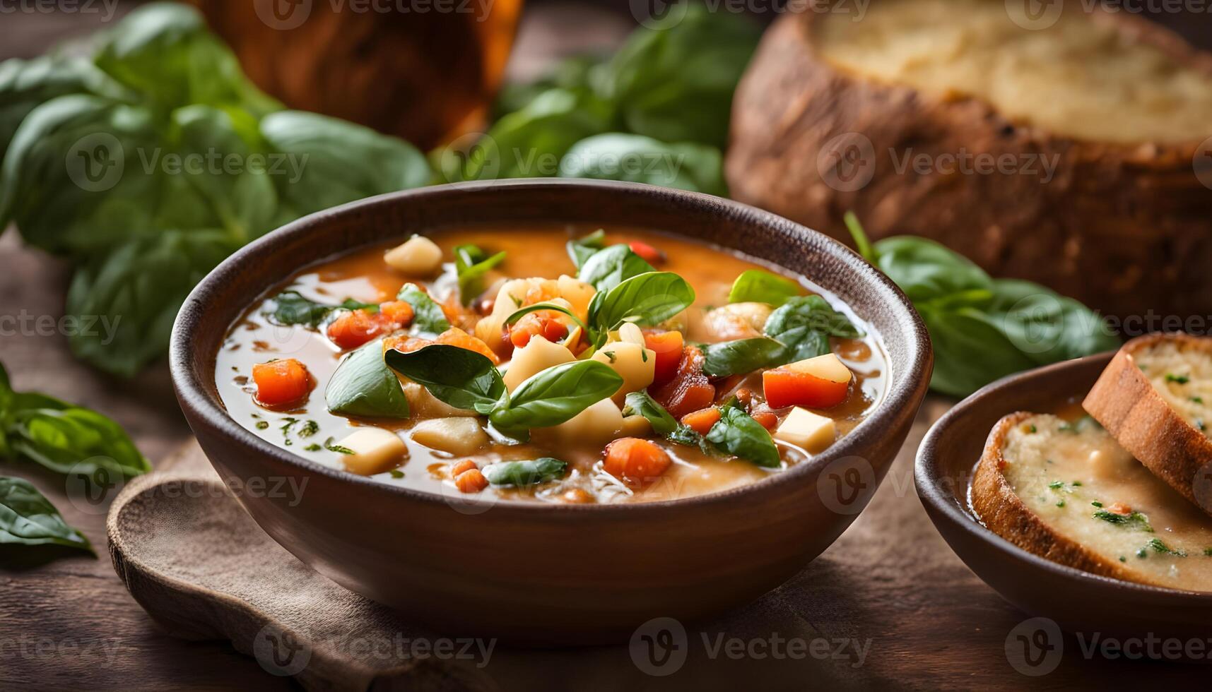Top view of classic minestrone soup filled with colorful vegetables and pasta, served with cheesy grilled sourdough and basil. photo