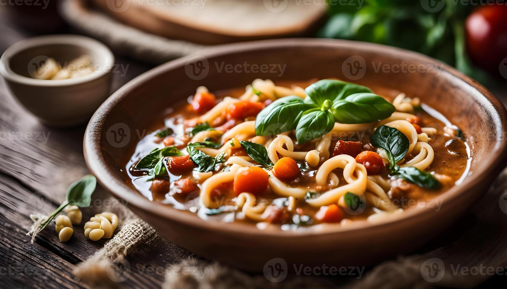 Rustic minestrone soup made with fresh seasonal vegetables and pasta, paired with grilled sourdough and garnished with basil and cheese. photo