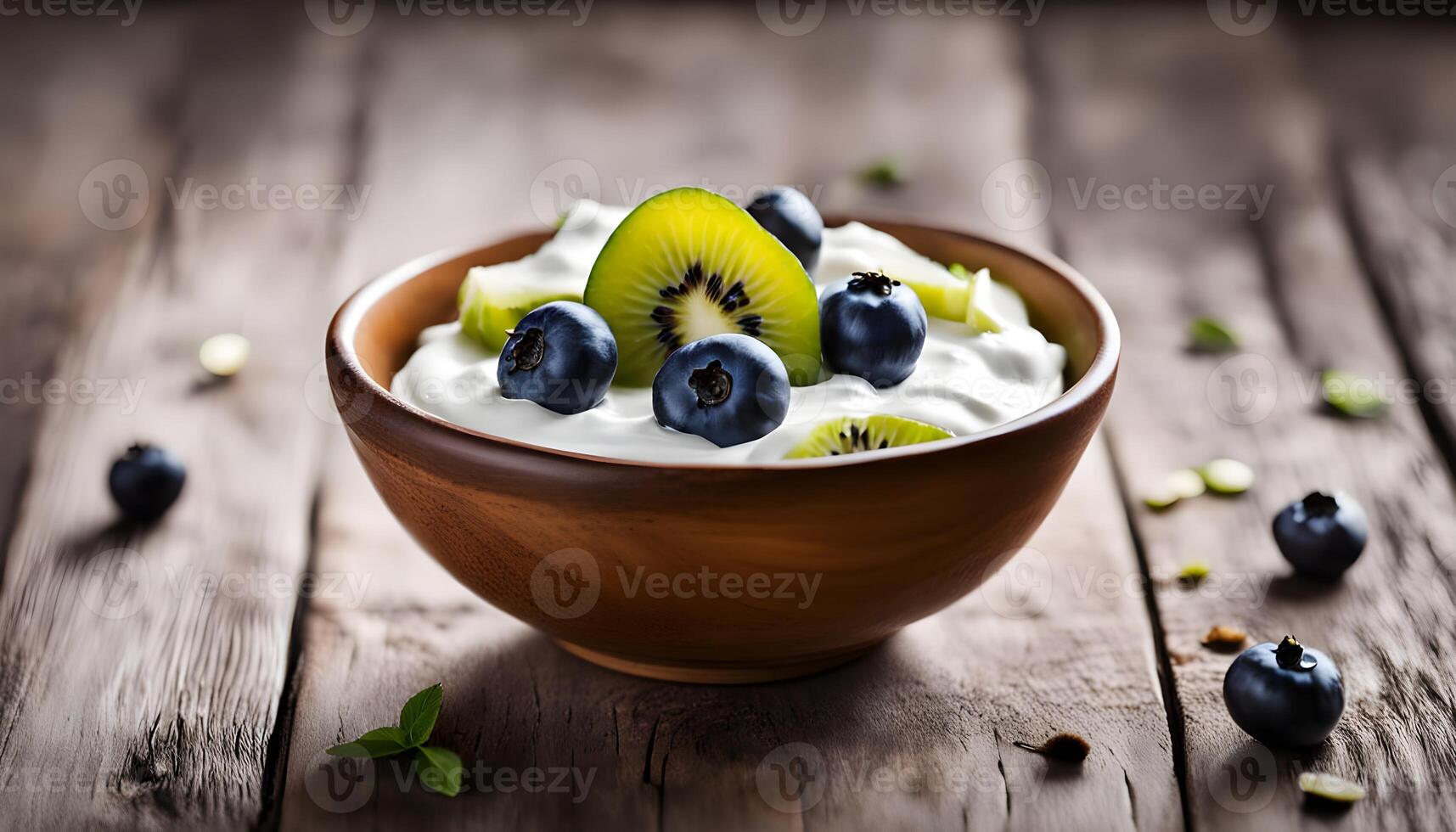 Greek yogurt bowl arranged with fresh blueberries and kiwi in a symmetrical pattern, captured in soft daylight on a rustic table photo