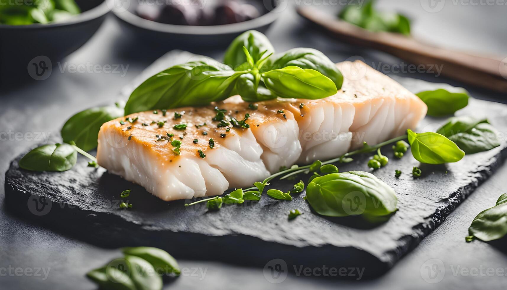Raw seafood concept fresh cod fillet and basil leaves arranged artfully on stone photo
