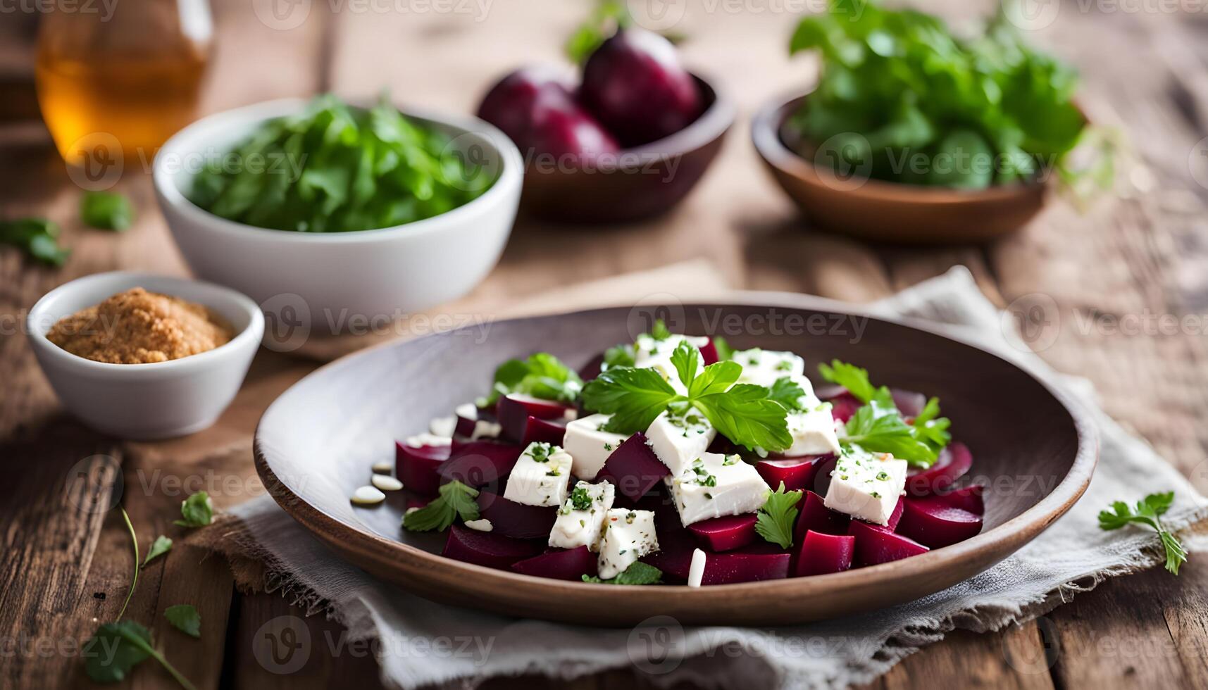 Simple and clean presentation of beetroot and feta cheese salad, garnished with parsley, with a light vinaigrette drizzle photo