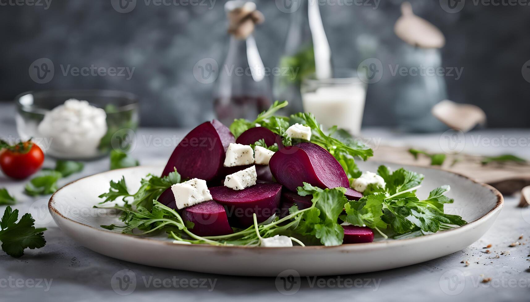 Freshly prepared beetroot and feta cheese salad, topped with chopped parsley and a drizzle of olive oil, captured in natural light photo