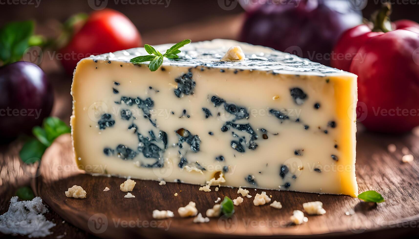 Gourmet cheese presentation of Stilton on a rustic cutting board, highlighted by soft, diffused natural light. photo