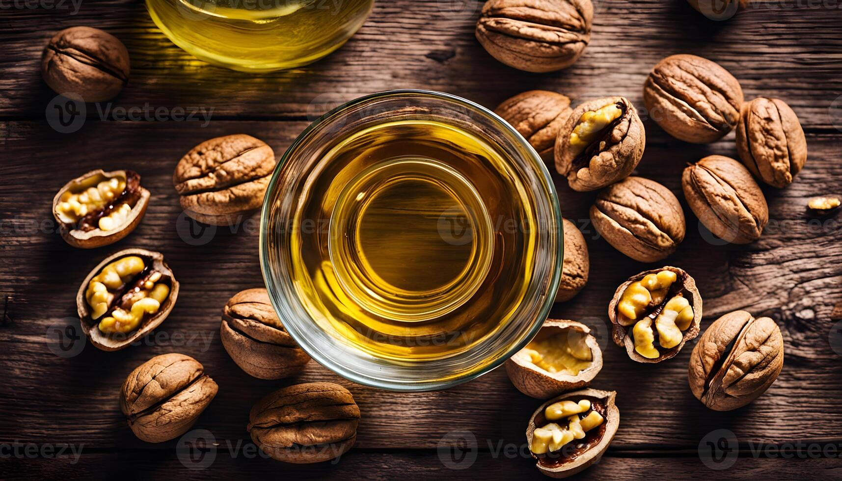 Cooking oil in bowl and walnuts on wooden table, top view. Space for text photo