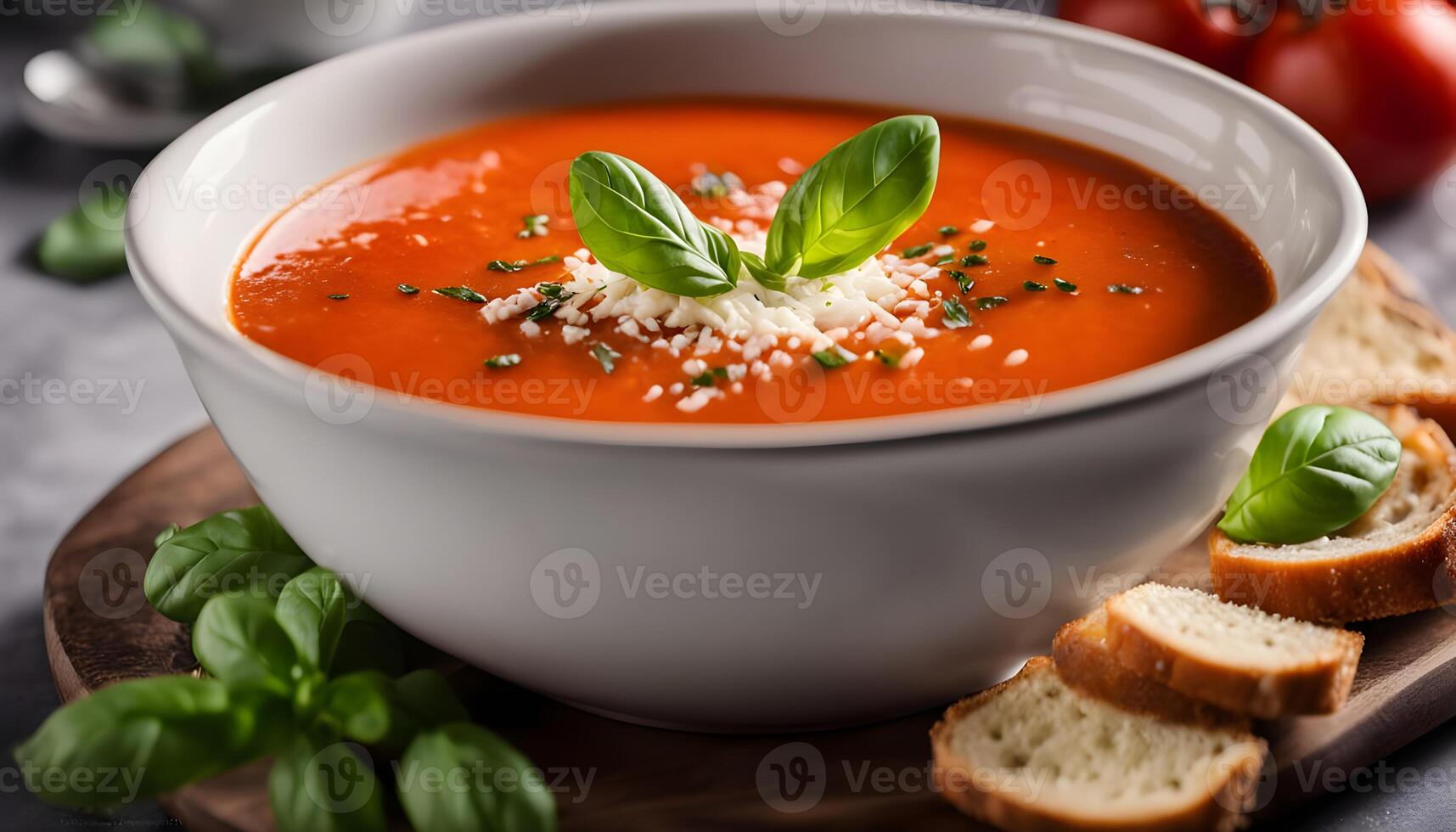 Elegant soup presentation creamy tomato soup drizzled with olive oil, topped with basil ribbons and roasted garlic pieces photo