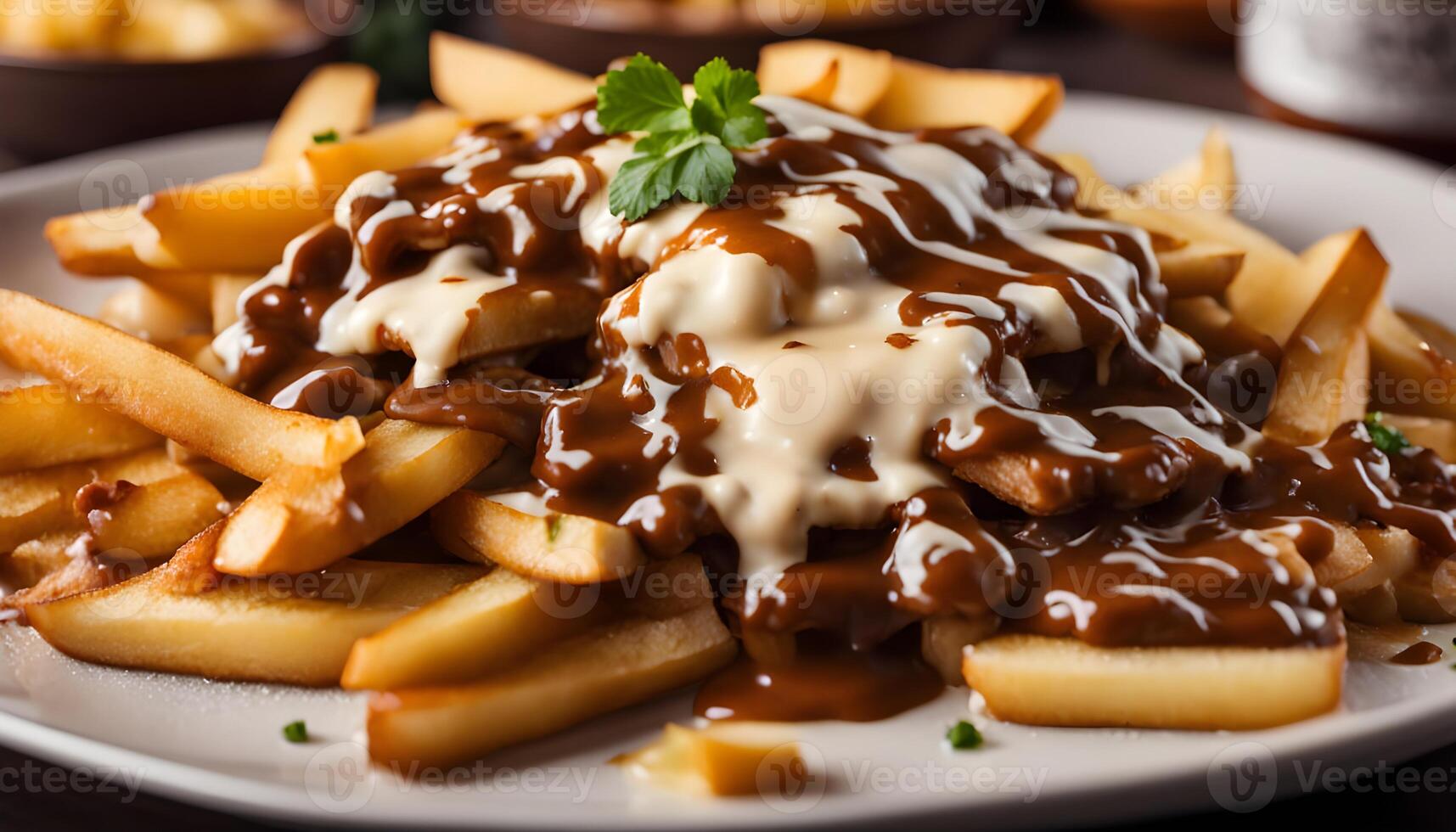 Classic Canadian poutine with crispy golden fries, rich brown gravy, and melted cheese curds, served hot and fresh on a rustic plate. photo