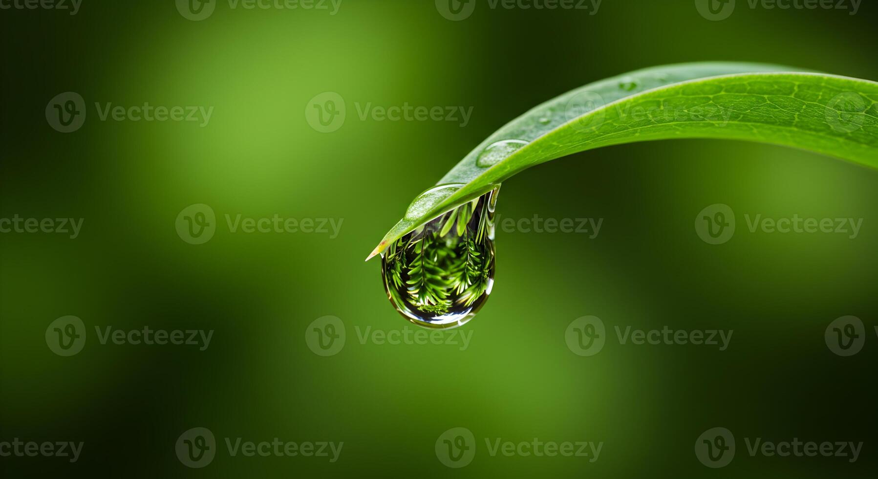 Close-Up of a Water Droplet on a Green Leaf Reflecting Foliage photo