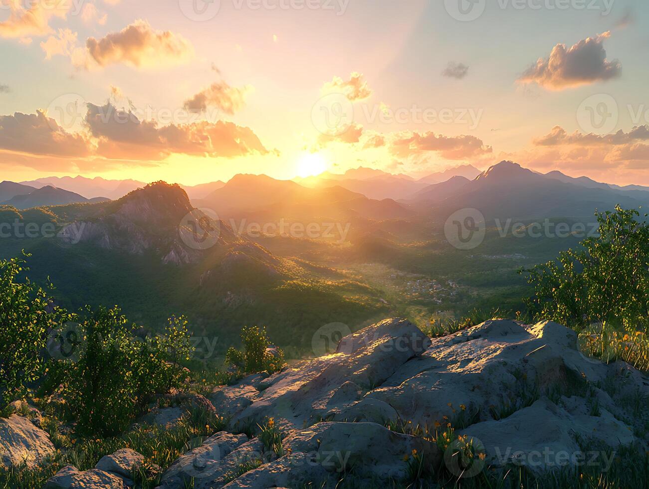 sunset glow on mountains with colorful sky photo