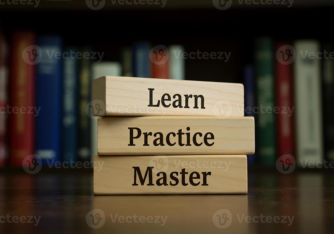 A stack of wooden blocks with the words learn practice master photo