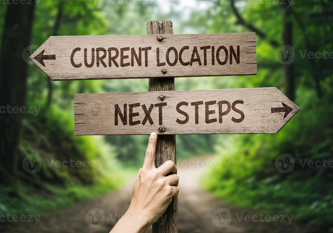 Hand pointing to current location and next steps signpost on a forest path photo