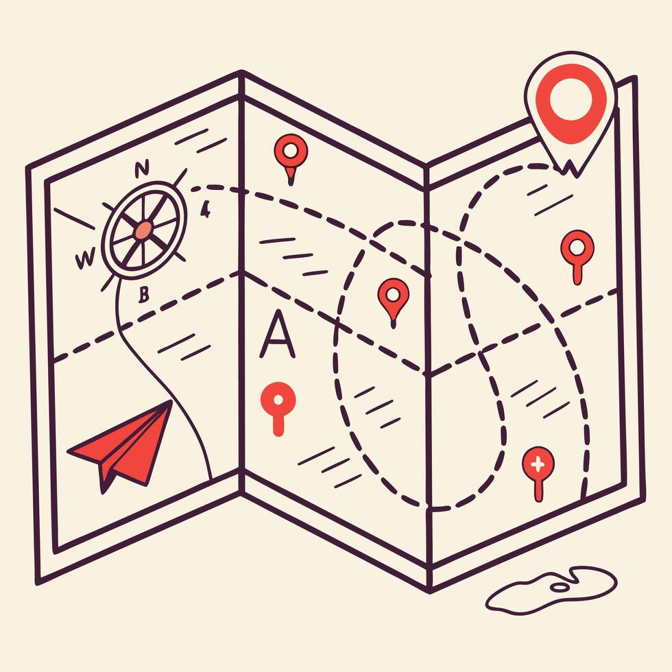 Adventure Map With Paper Airplane And Pins vector