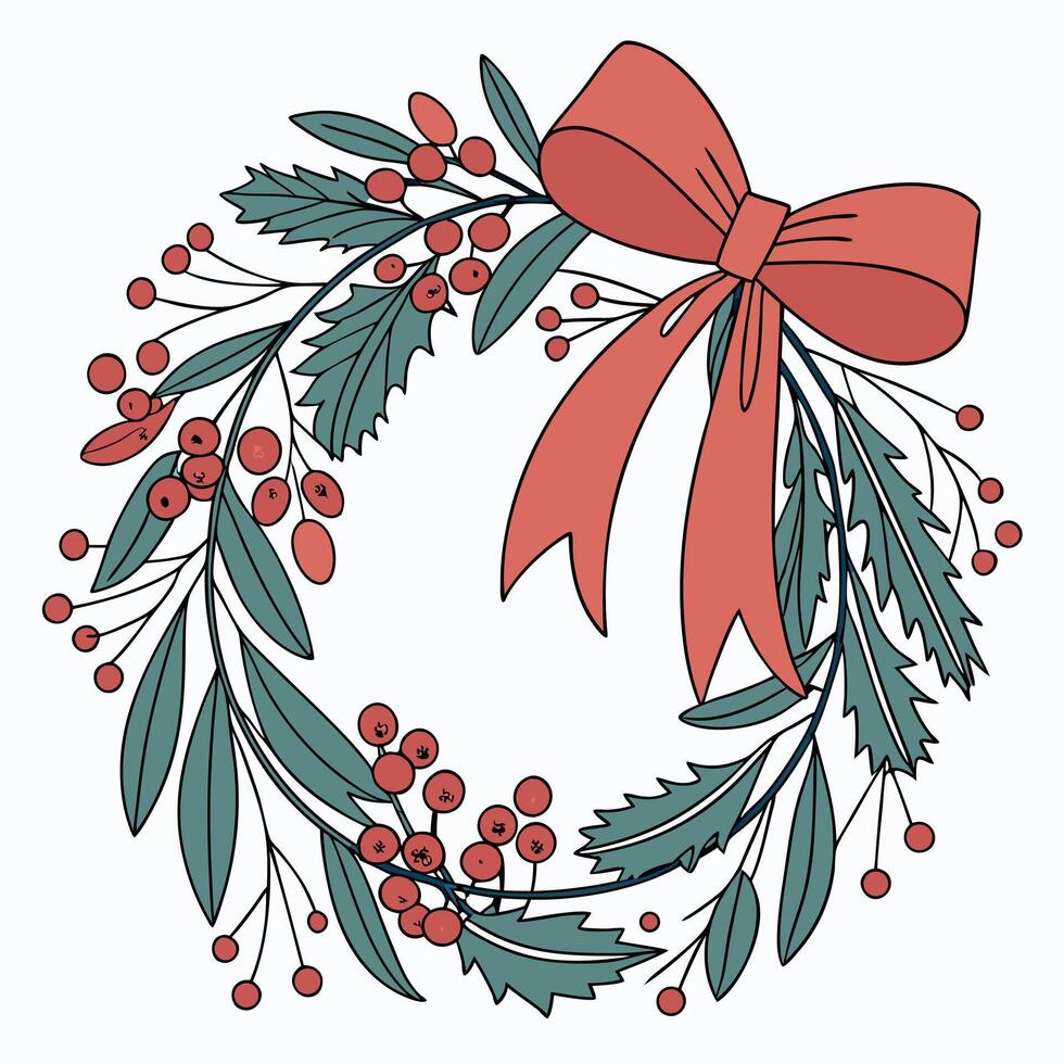 Festive Christmas Wreath Illustration With Red Bow vector