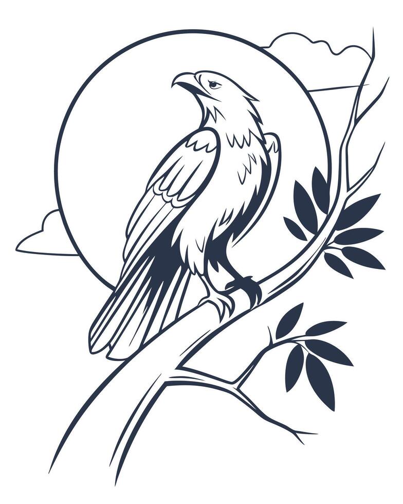 Eagle On Branch With Moon Outline vector