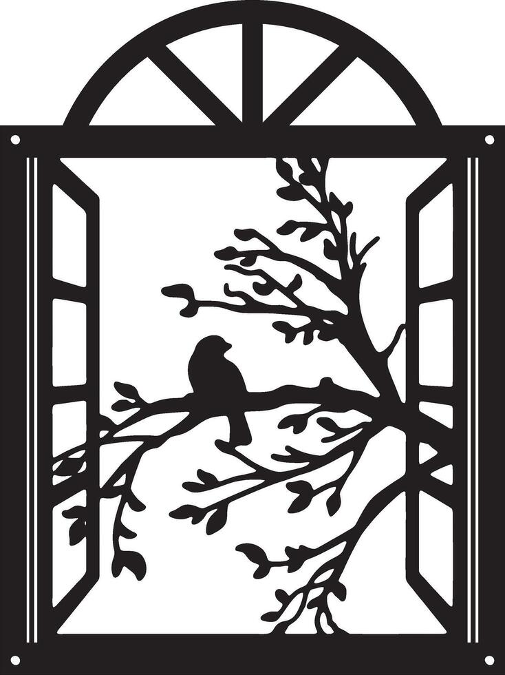 Silhouette of a Bird on a Branch Through an Open Window vector