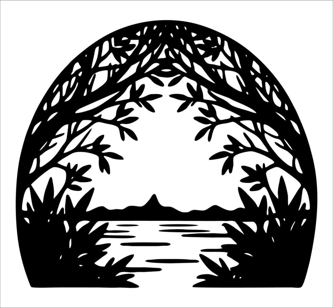Silhouette of a Landscape Scene Lake Trees and Mountains vector